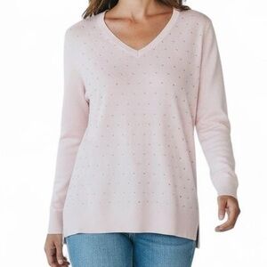 Tommy Hilfiger Rose-Gold Studded V-Neck Sweater in Blush Pink